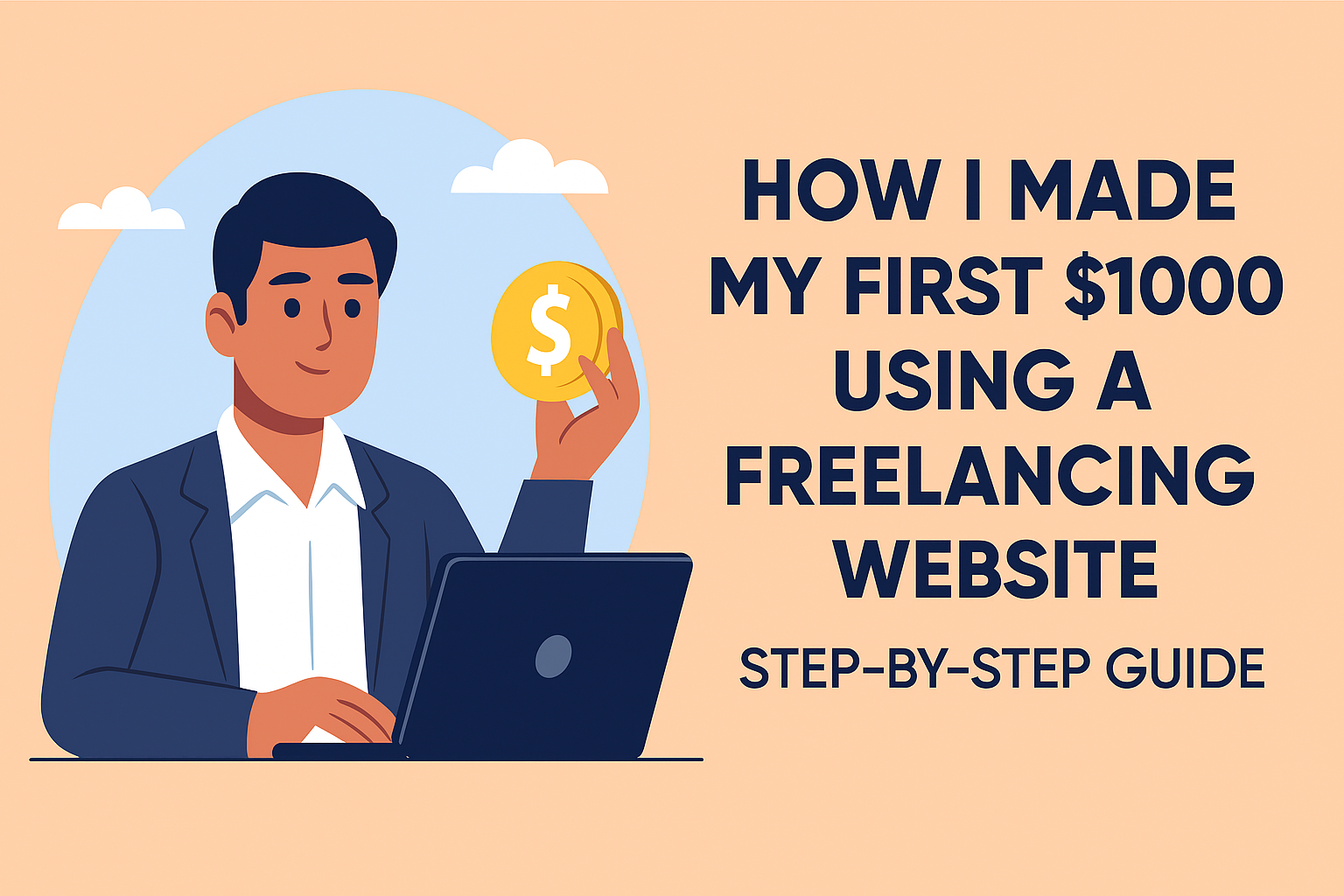 Illustration of a man sitting at a laptop holding a gold coin with a dollar sign, symbolizing online earnings, next to text that says “How I made my first $1000 using a freelancing website – step-by-step guide.”