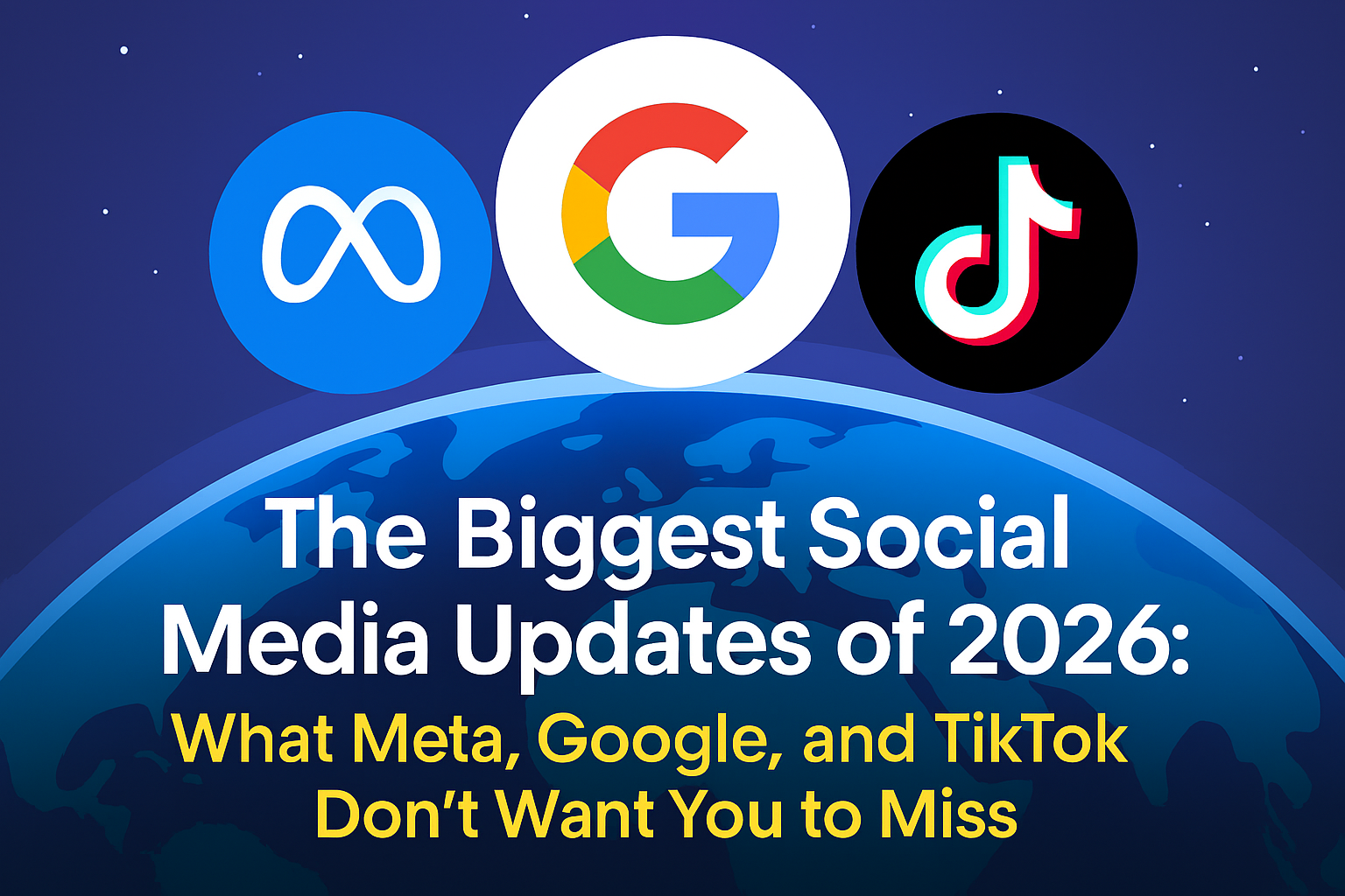 Graphic showing the logos of Meta, Google, and TikTok above a globe, with text reading ‘The Biggest Social Media Updates of 2026: What Meta, Google, and TikTok Don’t Want You to Miss.’ The background features a starry night sky