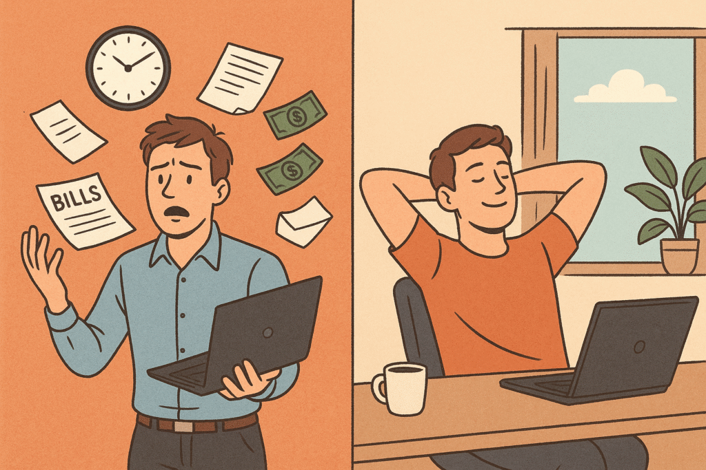 A split-screen illustration: one side showing a stressed freelancer juggling tasks and bills, the other side showing a relaxed freelancer enjoying flexible work-life balance