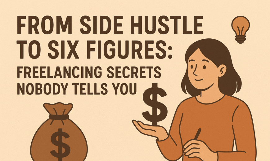 : “A minimalist digital illustration titled ‘From Side Hustle to Six Figures: Freelancing Secrets Nobody Tells You.’ It shows a smiling woman in warm earth tones holding a large dollar sign, with a money bag and lightbulb icons beside her. The background is beige with bold brown typography, conveying success, entrepreneurship, and financial growth.”