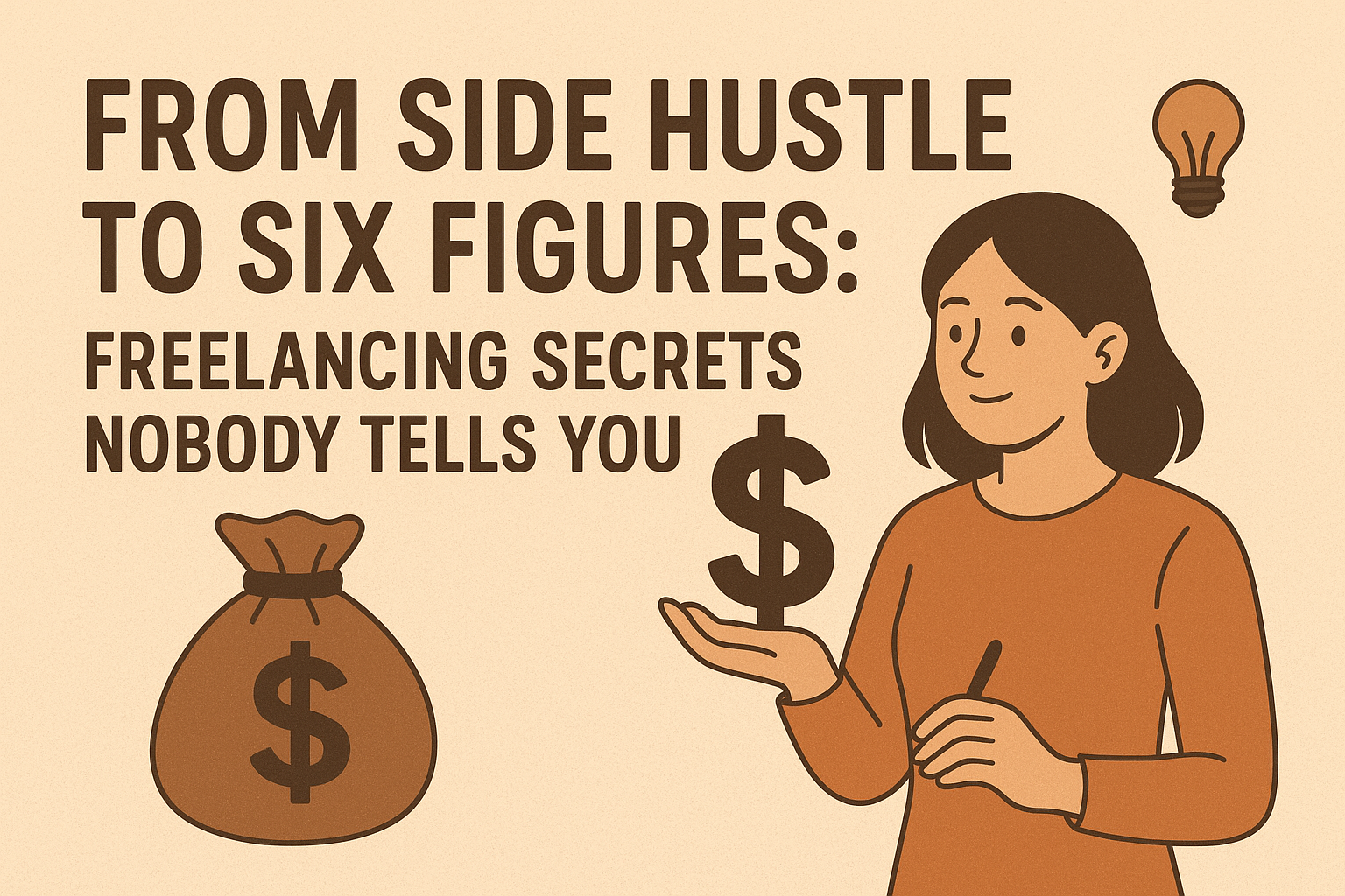 : “A minimalist digital illustration titled ‘From Side Hustle to Six Figures: Freelancing Secrets Nobody Tells You.’ It shows a smiling woman in warm earth tones holding a large dollar sign, with a money bag and lightbulb icons beside her. The background is beige with bold brown typography, conveying success, entrepreneurship, and financial growth.”