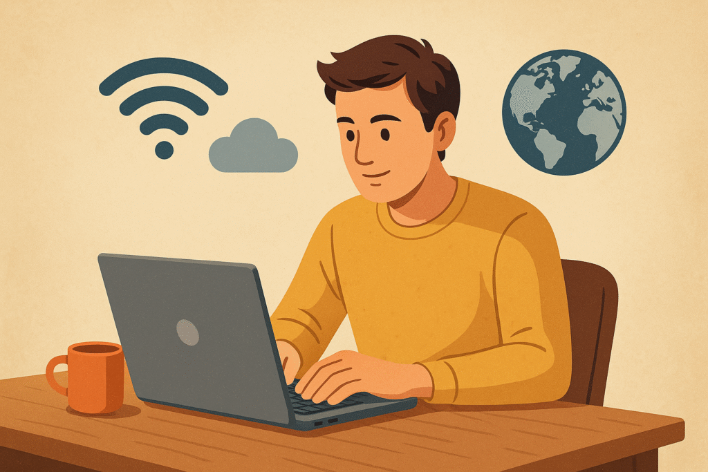 “Freelancer with laptop working remotely, surrounded by digital connection icons representing the global freelancing network.”