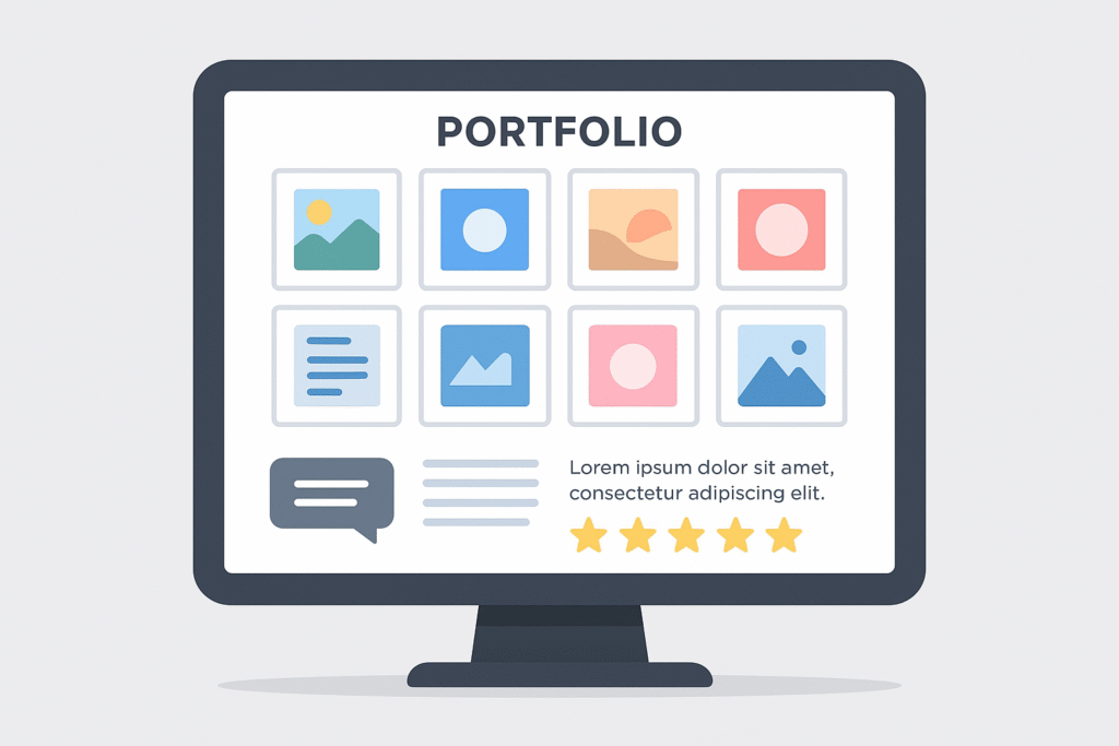 A flat-style digital illustration of a computer monitor displaying a portfolio webpage. The screen shows a 3x3 grid of colorful image thumbnails at the top and a testimonial section below with text, a speech bubble icon, and a five-star rating. The background is light gray, and the design uses simple shapes and soft colors.
