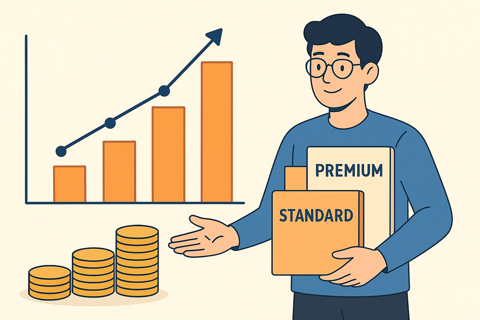A clean infographic-style illustration showing a smiling freelancer with glasses holding three pricing packages labeled “Standard,” “Premium,” and “Basic.” Beside him is a rising bar chart with an upward arrow and three stacks of gold coins, symbolizing business growth and increasing income