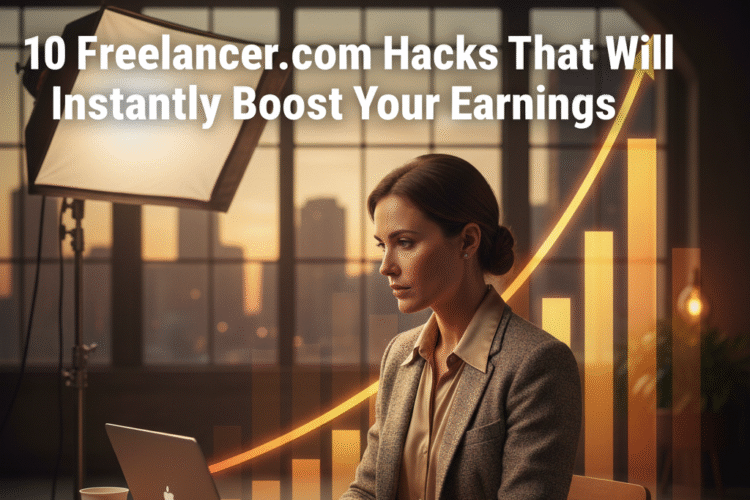 A focused female freelancer in a professional tweed blazer works confidently on her laptop in a warm, studio-lit office setting. Behind her, a transparent, glowing orange graph with a steeply rising arrow symbolizes instant success and rapidly increasing income.