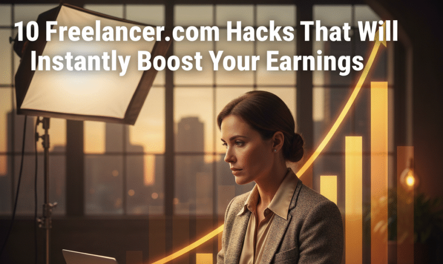 A focused female freelancer in a professional tweed blazer works confidently on her laptop in a warm, studio-lit office setting. Behind her, a transparent, glowing orange graph with a steeply rising arrow symbolizes instant success and rapidly increasing income.