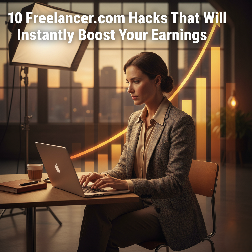 A focused female freelancer in a professional tweed blazer works confidently on her laptop in a warm, studio-lit office setting. Behind her, a transparent, glowing orange graph with a steeply rising arrow symbolizes instant success and rapidly increasing income.