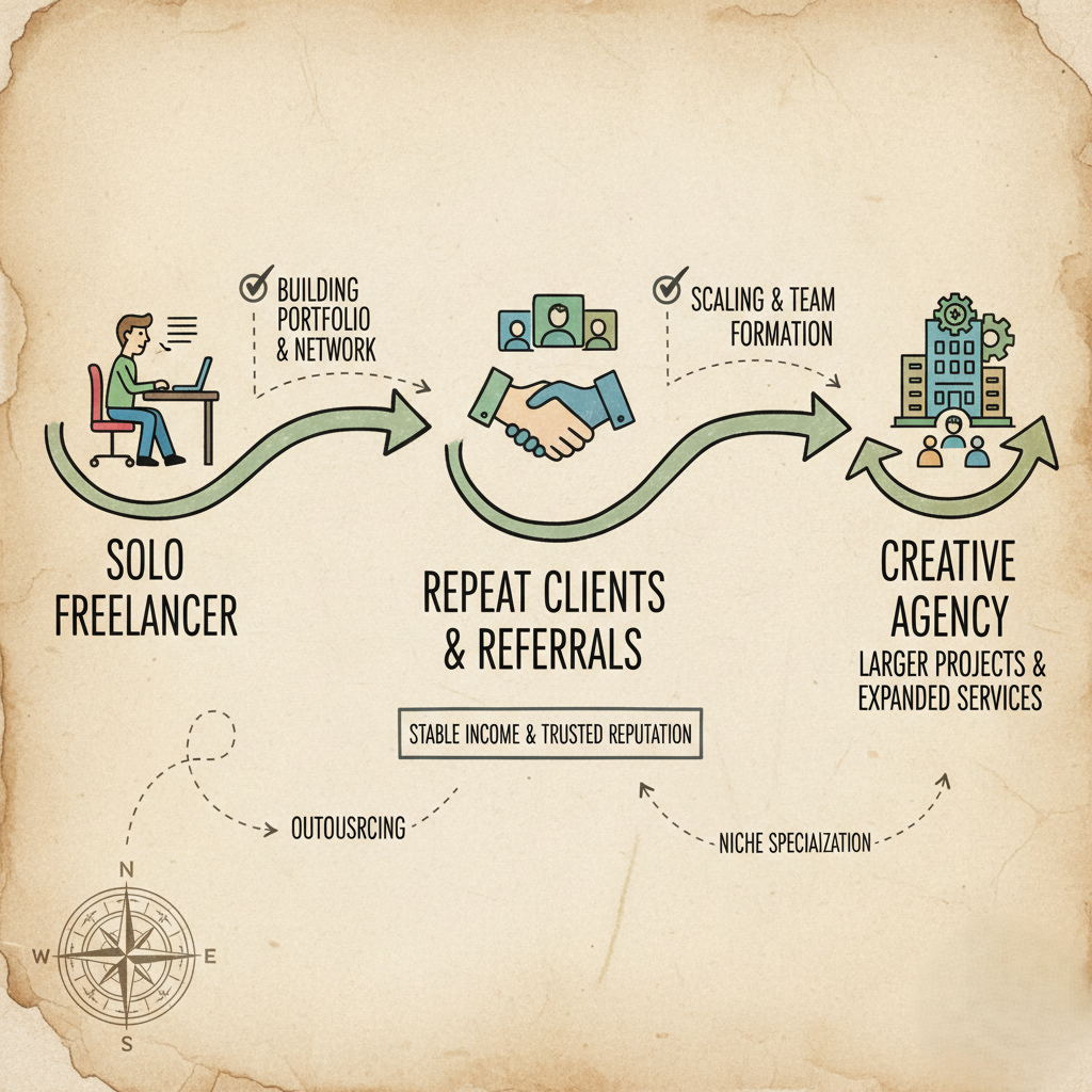 A roadmap or flowchart showing progression from solo freelancer → repeat clients → agency