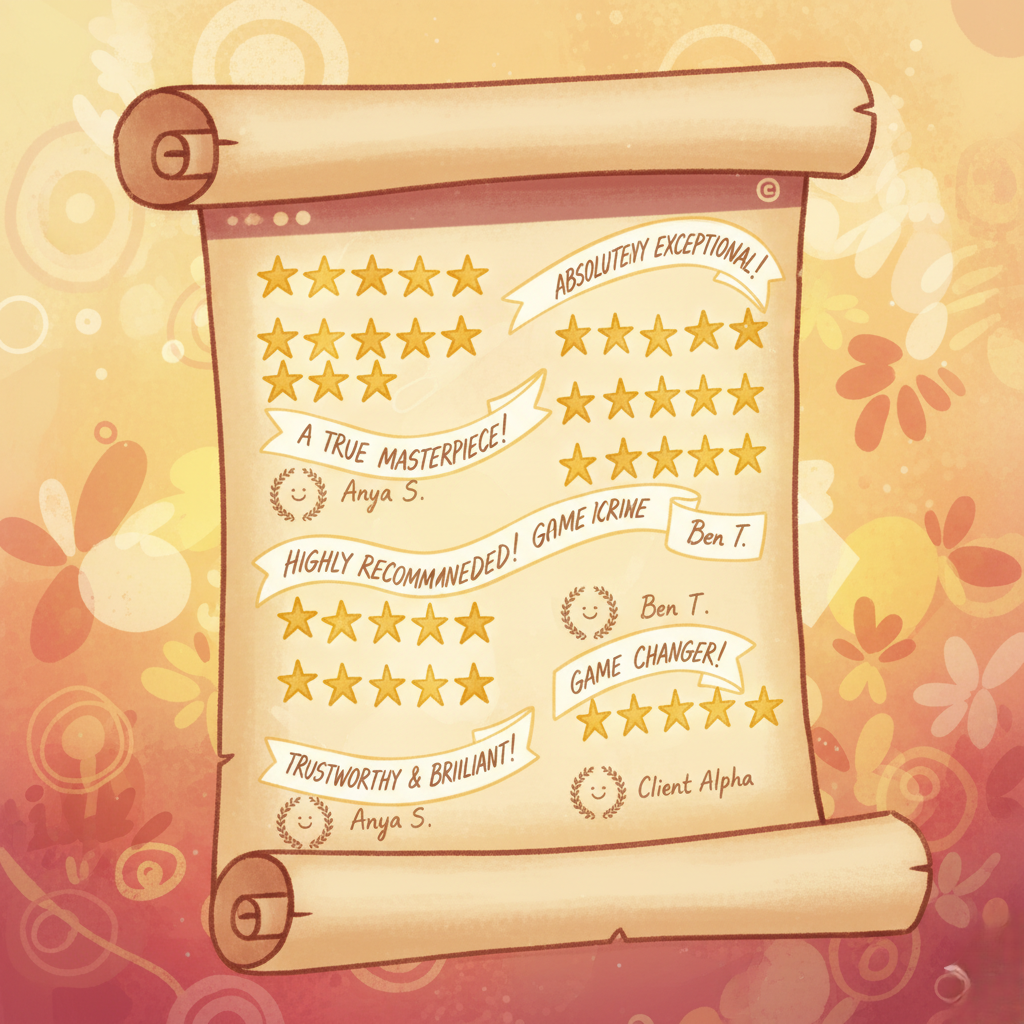 "A warm-toned, whimsical illustration in the style of Mary Blair, depicting a profile page scroll filled with glowing 5-star reviews. The scroll is an aged parchment paper, unrolled to display multiple rows of large golden stars and decorative banners reading positive testimonials like 'ABSOLUTELY EXCEPTIONAL!', 'A TRUE MASTERPIECE!', and 'TRUSTWORTHY & BRILLIANT!'. Small laurel wreaths and simple customer names are included below the text. The background is soft and abstract, featuring warm colors (yellows, oranges, soft reds) and stylized, organic shapes like flowers and swirls, creating an atmosphere of gentle credibility and achievemen