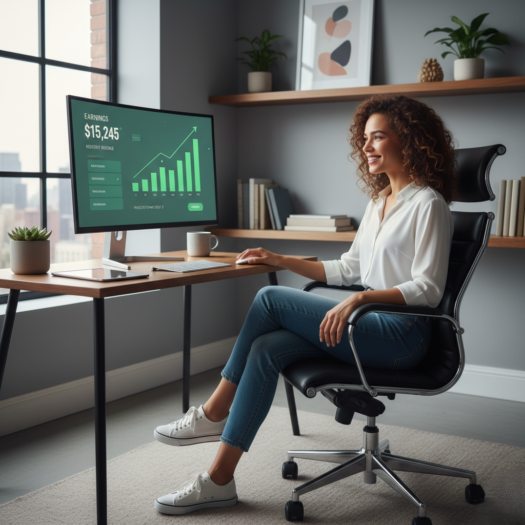 "A confident, smiling woman with curly hair, dressed in a white shirt and jeans, works remotely in a bright, modern home office. She is sitting in a black executive chair, looking happily at her computer screen which displays a green 'Earnings' dashboard showing a monthly income of $15,245 and a rising growth graph. The office features large windows with a city view, a wooden desk, and minimalist shelving with plants and artwork."