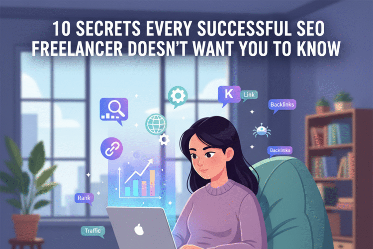 Illustration of a young woman sitting comfortably on a teal bean bag chair, working on a laptop. Various floating icons related to SEO, such as a search bar, a magnifying glass, a gear, a link chain, an upward-trending bar chart labeled with "Traffic" and "Rank," and speech bubbles mentioning "Backlinks," surround her. The image has a large text overlay reading: "10 SECRETS EVERY SUCCESSFUL SEO FREELANCER DOESN'T WANT YOU TO KNOW."