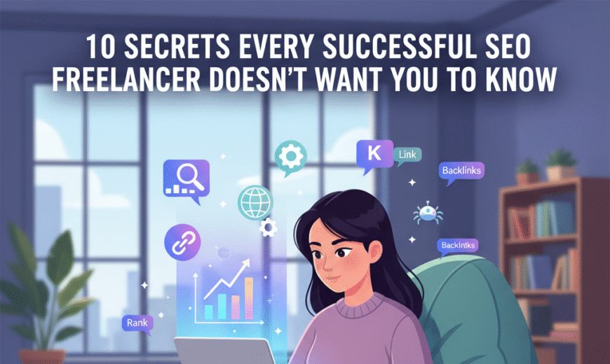 Illustration of a young woman sitting comfortably on a teal bean bag chair, working on a laptop. Various floating icons related to SEO, such as a search bar, a magnifying glass, a gear, a link chain, an upward-trending bar chart labeled with "Traffic" and "Rank," and speech bubbles mentioning "Backlinks," surround her. The image has a large text overlay reading: "10 SECRETS EVERY SUCCESSFUL SEO FREELANCER DOESN'T WANT YOU TO KNOW."