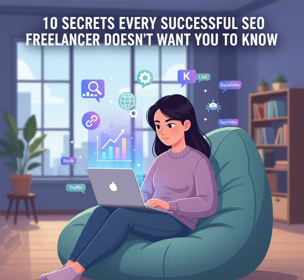 Illustration of a young woman sitting comfortably on a teal bean bag chair, working on a laptop. Various floating icons related to SEO, such as a search bar, a magnifying glass, a gear, a link chain, an upward-trending bar chart labeled with "Traffic" and "Rank," and speech bubbles mentioning "Backlinks," surround her. The image has a large text overlay reading: "10 SECRETS EVERY SUCCESSFUL SEO FREELANCER DOESN'T WANT YOU TO KNOW."