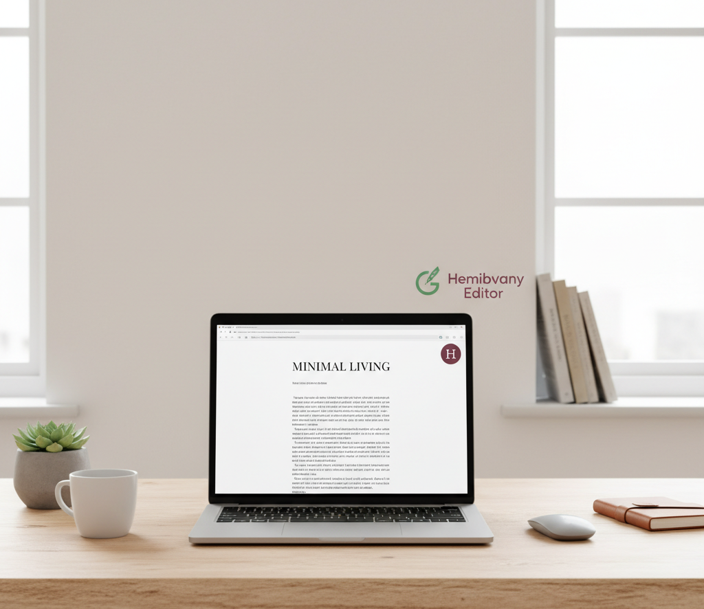 alt text
A minimalist workspace features a light wooden desk against a plain white wall with two windows providing soft natural light. An open silver laptop sits center frame, displaying a blog draft titled "MINIMAL LIVING" in a clean, uncluttered layout. Subtly integrated into the background wall is a graphic combining the logos for Grammarly (a stylized 'G') and Hemingway Editor (a stylized 'H' and the word 'Editor'), suggesting writing and editing tools. A white mug, a small succulent plant, a computer mouse, and a stack of notebooks rest on the desk, completing the clean, focused setup