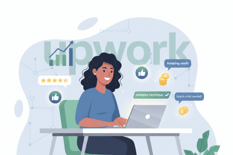 Flat vector illustration of a confident female freelancer sitting at a modern desk working on a laptop, surrounded by successful Upwork-related visual cues: a large, subtle Upwork logo in the background, coins/money symbols, five-star reviews, positive client chat bubbles ("Amazing work!", "Exactly what I needed!"), a glowing success chart, and a checkmark next to "Winning Proposal.