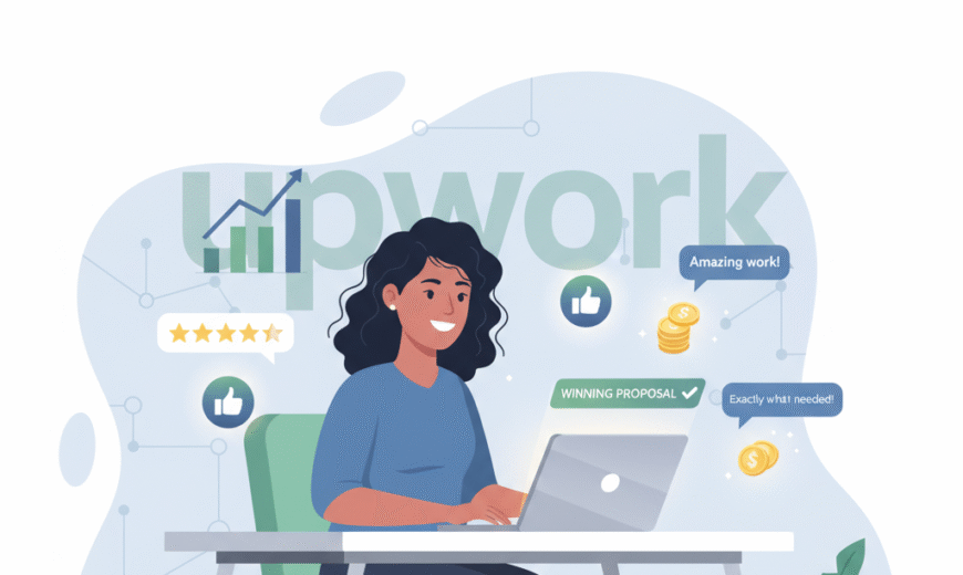 Flat vector illustration of a confident female freelancer sitting at a modern desk working on a laptop, surrounded by successful Upwork-related visual cues: a large, subtle Upwork logo in the background, coins/money symbols, five-star reviews, positive client chat bubbles ("Amazing work!", "Exactly what I needed!"), a glowing success chart, and a checkmark next to "Winning Proposal.