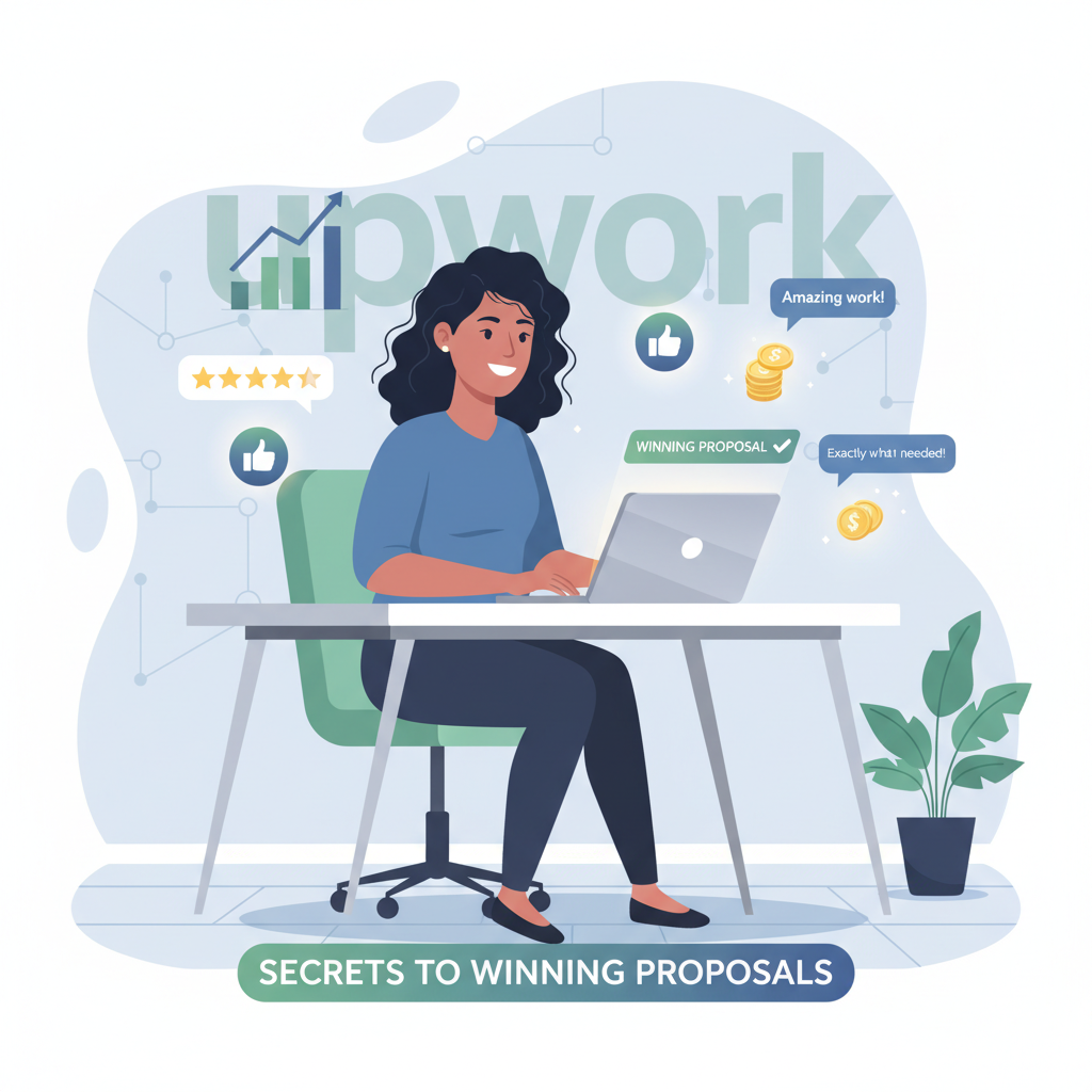 Flat vector illustration of a confident female freelancer sitting at a modern desk working on a laptop, surrounded by successful Upwork-related visual cues: a large, subtle Upwork logo in the background, coins/money symbols, five-star reviews, positive client chat bubbles ("Amazing work!", "Exactly what I needed!"), a glowing success chart, and a checkmark next to "Winning Proposal.