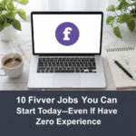 Flat lay image of a bright freelance workspace: laptop showing the Fiverr logo, coffee, and a notebook with a lightbulb drawing, symbolizing new online business ideas and jobs for beginners.