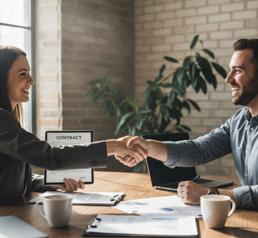 A photography style shot, inspired by Peter McKinnon, of a professional male and female freelancer shaking hands across a wooden table over a successful repeat contract. The woman holds a tablet displaying the word "CONTRACT." Both are smiling, conveying trust, partnership, and long-term collaboration. The scene is lit by natural window light with a neutral color temperature, shot on a 50mm lens, capturing the warm atmosphere. Papers, charts, and coffee mugs are visible on the table.