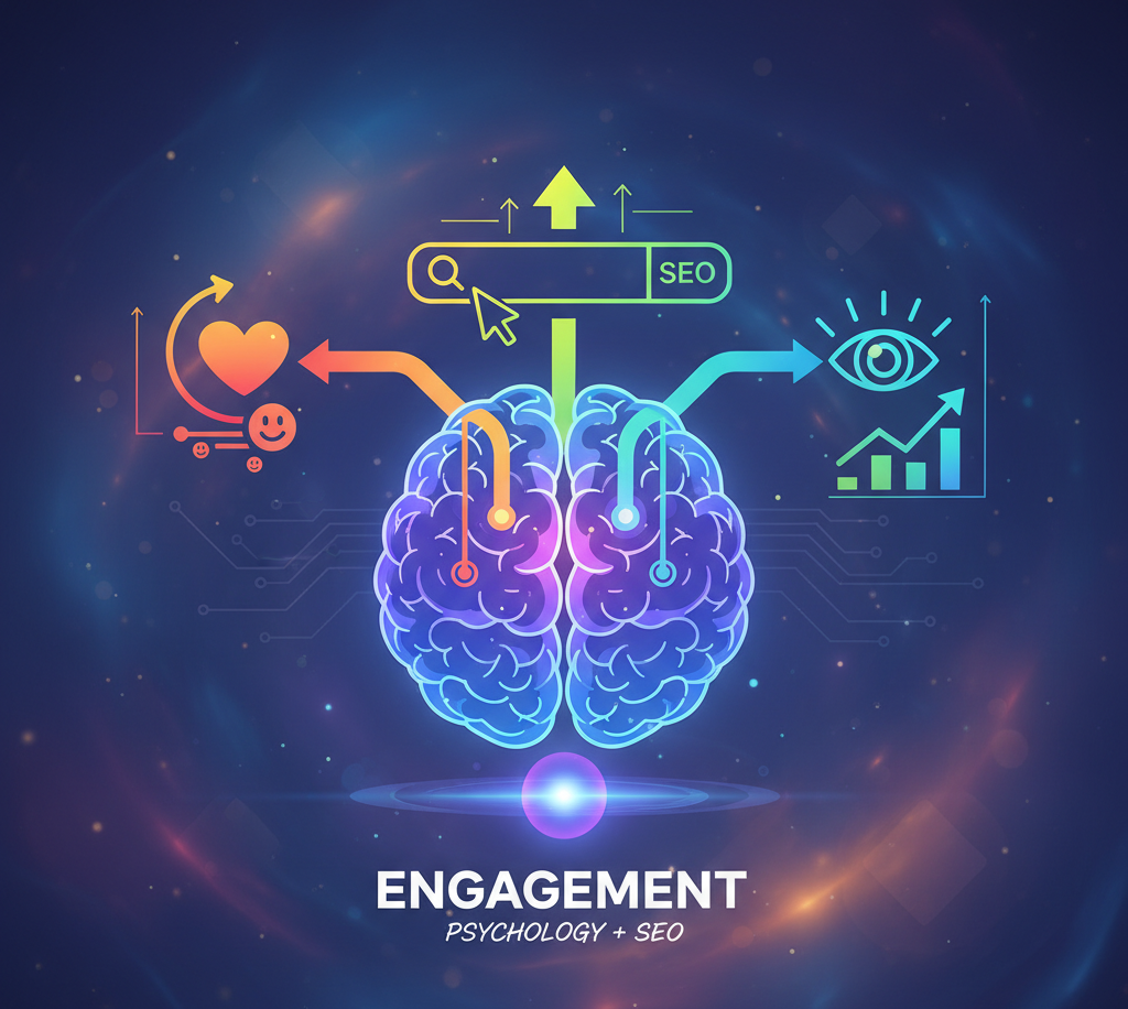 A vibrant, neon blue human brain glowing against a dark, cosmic background. Three colored arrows emerge from the brain's center. The first arrow (orange/red) points left to a heart icon, a smile icon, and a circular arrow, symbolizing Engagement and Emotion. The second arrow (yellow/green) points upward to a search bar labeled "SEO" with a clicking cursor, symbolizing Search and Action. The third arrow (blue/teal) points right to a large eye icon looking at a bar chart, symbolizing Attention, Analytics, and Conversion. Text below the brain reads: "ENGAGEMENT - PSYCHOLOGY + SEO."