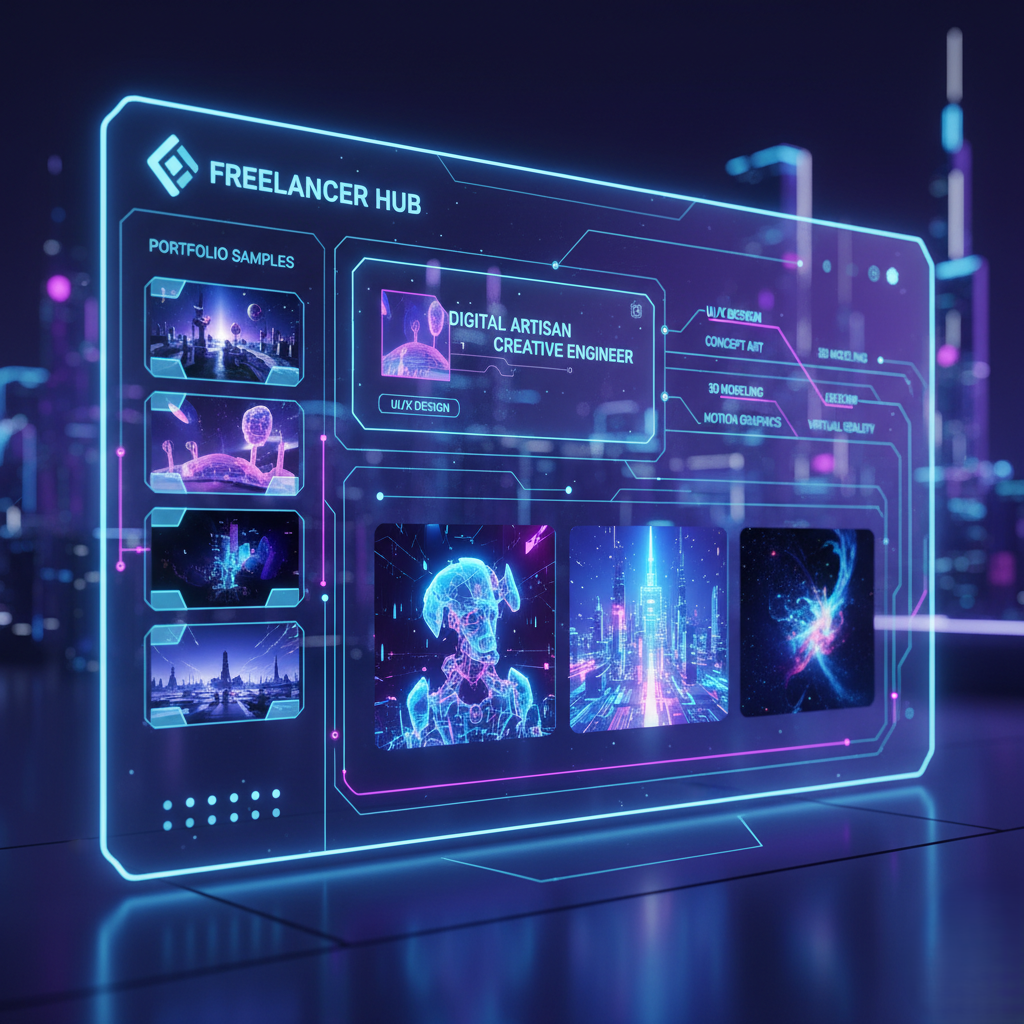 A digital illustration showing a clean, premium freelancer profile interface with highlighted keywords and portfolio samples, inspired by artist Beeple, cool color temperature, no characters, bright digital glow lighting, atmosphere of professionalism and clarity --v 5 --stylize 1000 ugly, tiling, poorly drawn hands, poorly drawn feet, poorly drawn face, out of frame, mutation, mutated, extra limbs, extra legs, extra arms, disfigured, deformed, cross-eye, Body out of frame, Blurry, Bad art, Bad anatomy, Blurred, Watermark, Grainy, Duplicate