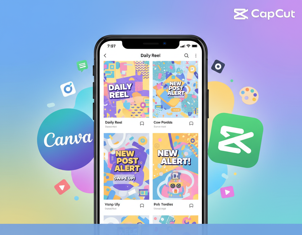 A smartphone screen displaying four vibrant, abstract social media post templates labeled 'Daily Reel,' 'New Post Alert,' 'New Alert,' and 'Swipe Up!' The phone is centered against a soft, gradient background with large, stylized, floating logos for Canva on the left and CapCut on the top right, emphasizing that these are beginner-friendly content creation tools