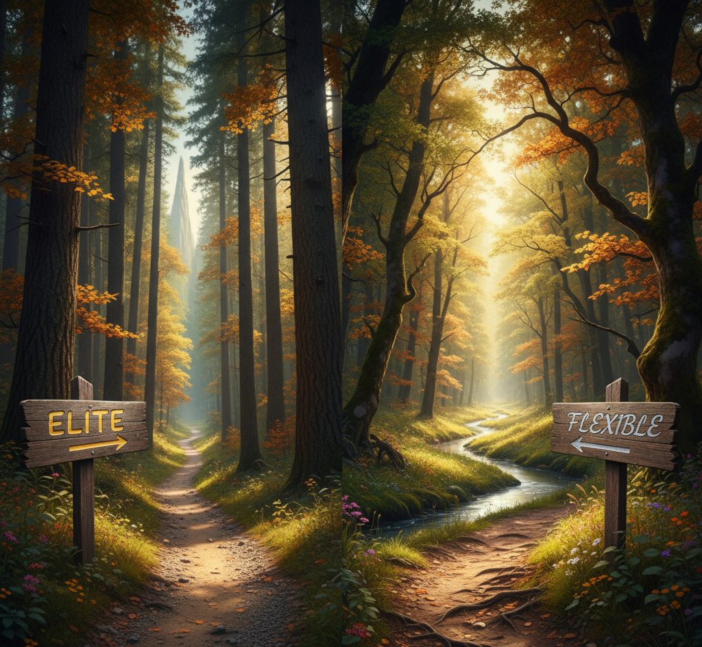 A mystical forest scene in autumn featuring two diverging paths. The path on the left is a clear, wide dirt road leading into a dense, sun-dappled section of tall trees, marked by a wooden sign reading "ELITE" with an arrow pointing left. The path on the right is narrower, winding alongside a small stream through sunlit trees, marked by a wooden sign reading "FLEXIBLE" with an arrow pointing right. The image symbolizes a pivotal career decision between a structured, prestigious ("Elite") route and a less predictable, adaptable ("Flexible") route.