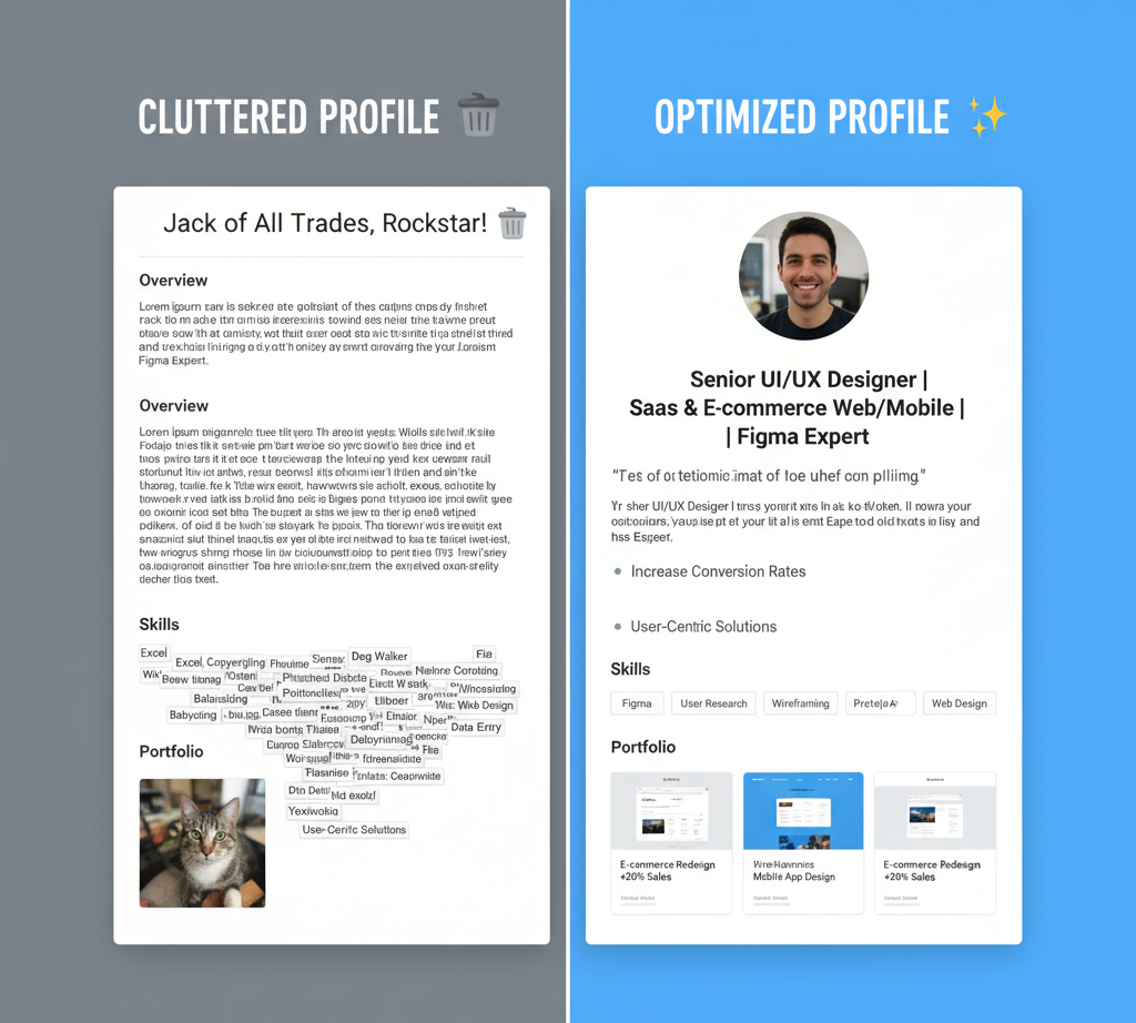 "Side-by-side graphic comparing a Cluttered Profile (left) and an Optimized Profile (right). The Cluttered profile shows a generic title, dense text overview, too many unrelated skills, and an unprofessional photo. The Optimized profile shows a specific, keyword-rich title, a professional headshot, a scannable, results-focused overview with bullet points, targeted skills, and relevant portfolio samples. The bottom caption reads: 'Freelancer-Focused vs. Client-Focused'."