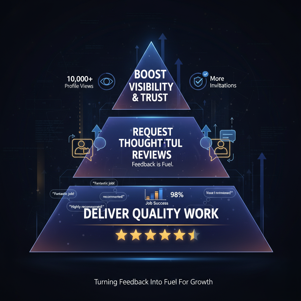 A pyramid graphic illustrating the process of turning feedback into fuel for growth, titled 'Turning Feedback Into Fuel For Growth'.

The pyramid has three levels:

Base (Bottom): 'DELIVER QUALITY WORK'. This level features five large, glowing 5-star rating icons, a 'Job Success 98%' metric, and several client quote bubbles like 'Fantastic job!', 'Highly recommended', and 'Nailed it, exceeded expectations'.

Middle: 'REQUEST THOUGHTFUL REVIEWS', with the subtitle 'Feedback is Fuel.'. This level includes two profile icons with speech bubbles and arrows pointing upward, indicating an active request for feedback.

Top: 'BOOST VISIBILITY & TRUST'. This level shows upward arrows leading to metrics such as '10,000+ Profile Views' (with an eye icon) and 'More Invitations' (with a checkmark icon), signifying higher visibility and success resulting from the prior steps."