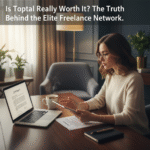 Elegant, softly-lit image of a professional female freelancer wearing glasses, reviewing a digital contract on a laptop next to a steaming coffee mug. The laptop screen displays a contract. Overlay text: "Is Toptal Really Worth It? The Truth Behind the Elite Freelance Network."