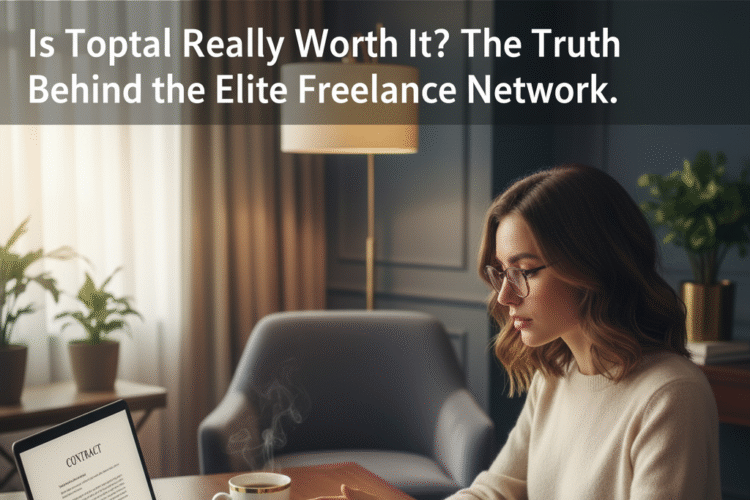 Elegant, softly-lit image of a professional female freelancer wearing glasses, reviewing a digital contract on a laptop next to a steaming coffee mug. The laptop screen displays a contract. Overlay text: "Is Toptal Really Worth It? The Truth Behind the Elite Freelance Network."