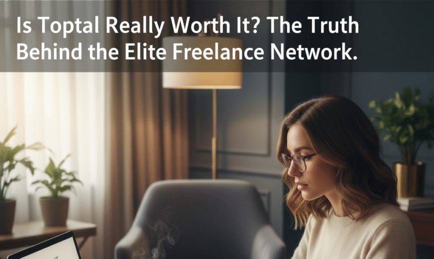Elegant, softly-lit image of a professional female freelancer wearing glasses, reviewing a digital contract on a laptop next to a steaming coffee mug. The laptop screen displays a contract. Overlay text: "Is Toptal Really Worth It? The Truth Behind the Elite Freelance Network."