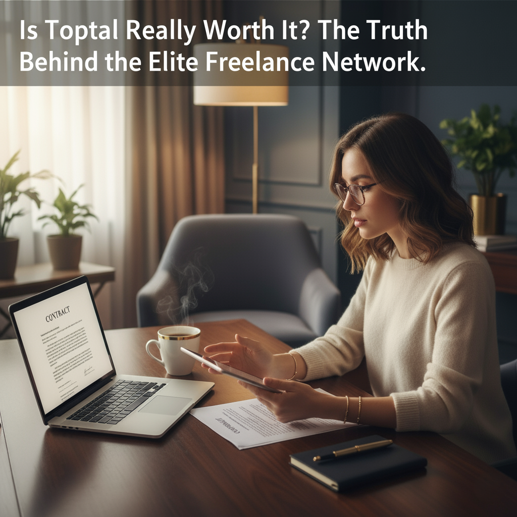 Elegant, softly-lit image of a professional female freelancer wearing glasses, reviewing a digital contract on a laptop next to a steaming coffee mug. The laptop screen displays a contract. Overlay text: "Is Toptal Really Worth It? The Truth Behind the Elite Freelance Network."