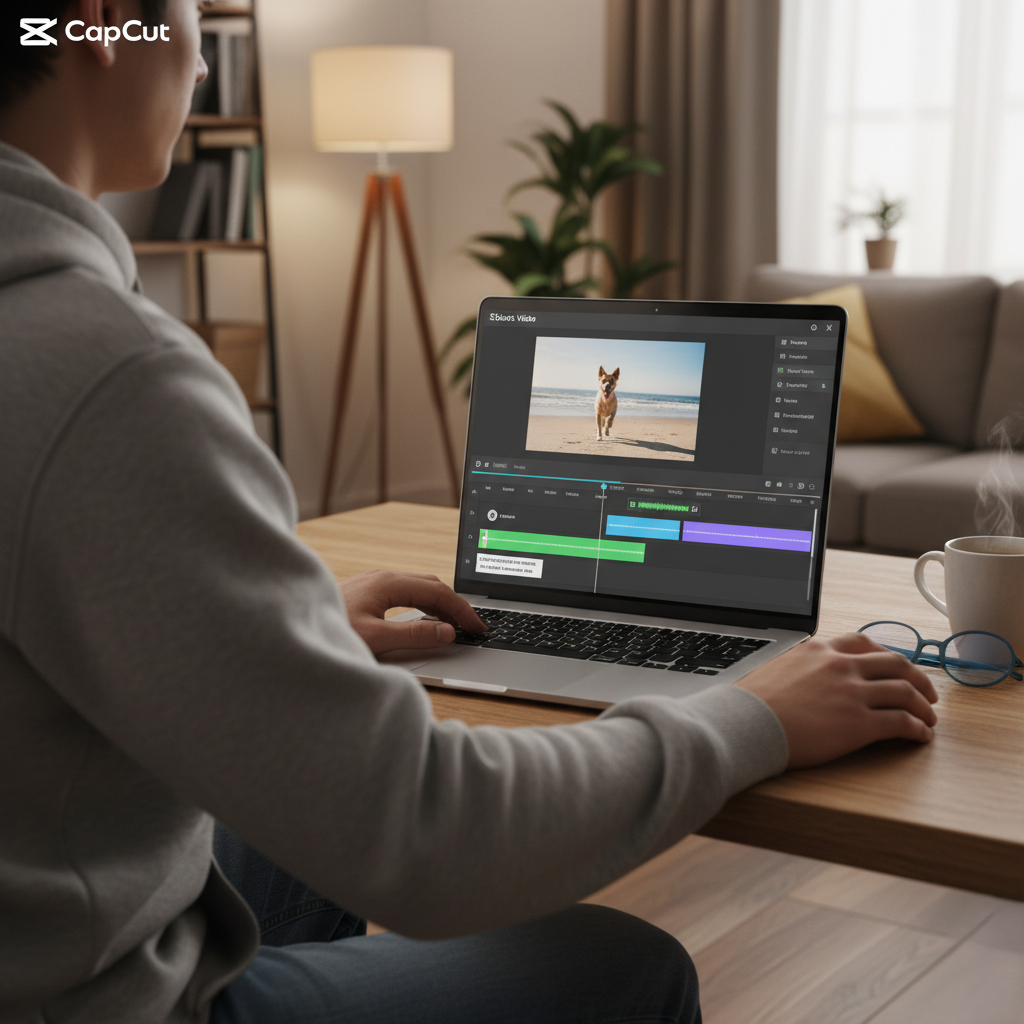 "Person editing a short video on CapCut with timeline showing subtitles, music, and transitions, casual home setup"