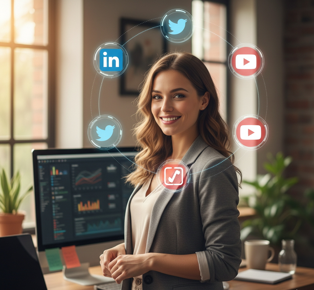 A smiling, confident young woman stands in a modern office space with a large monitor displaying charts in the background. Around her head, social media icons for LinkedIn, Twitter, and YouTube are arranged in a circular pattern, representing her online presence and authority as a freelancer.