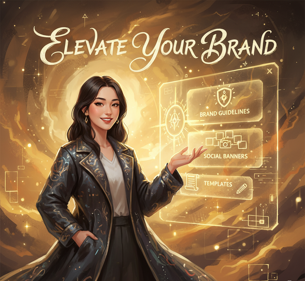 A digital illustration, in the style of Ruan Jia, showing a confident and friendly female freelancer. She has dark hair and is wearing a dark, ornate coat over a white top, with one hand in her pocket and the other presenting a holographic, gold-toned interface floating beside her. The interface lists additional service options: Brand Guidelines, Social Banners, and Templates. The background is a swirling vortex of warm gold light, creating an atmosphere of opportunity and value-boosting strategy. Text at the top reads "Elevate Your Brand." The overall color temperature is warm gold, with soft directional lighting