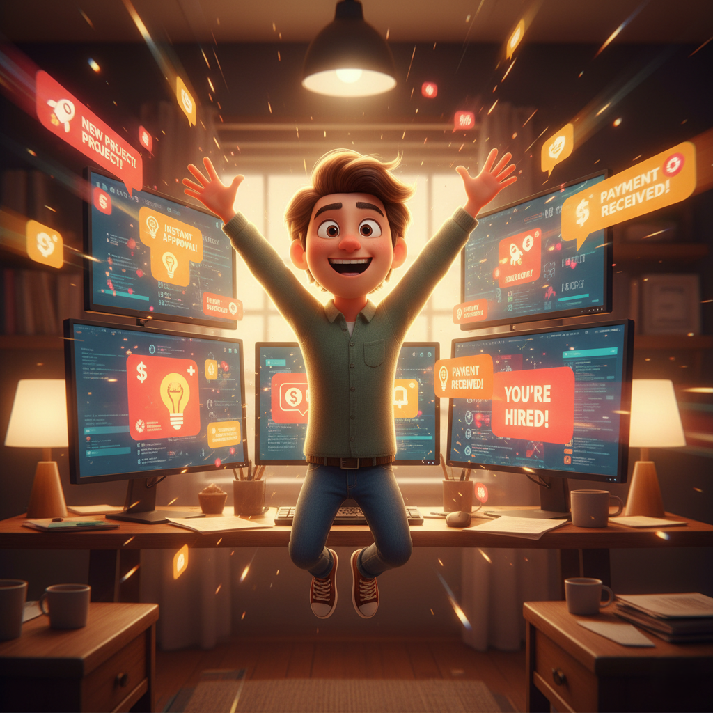 A highly detailed, Pixar-style 3D animated depiction of a young male freelancer jumping in the air with both arms raised in excitement and a wide, happy, expressive facial expression. He is surrounded by a brightly lit, warm-toned home office with multiple computer screens displaying various glowing, instant project notifications like "NEW PROJECT!", "INSTANT APPROVAL!", "PAYMENT RECEIVED!", and "YOU'RE HIRED!". Dynamic rim lighting outlines his figure, emphasizing the energetic and fast-paced atmosphere of successfully receiving work.