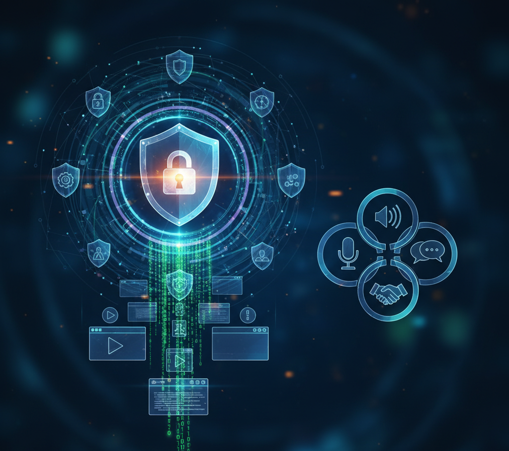 Abstract digital screening process with layered security shields, coding elements (binary code, windows), and interview icons (microphone, handshake, chat bubbles) on a dark blue background.