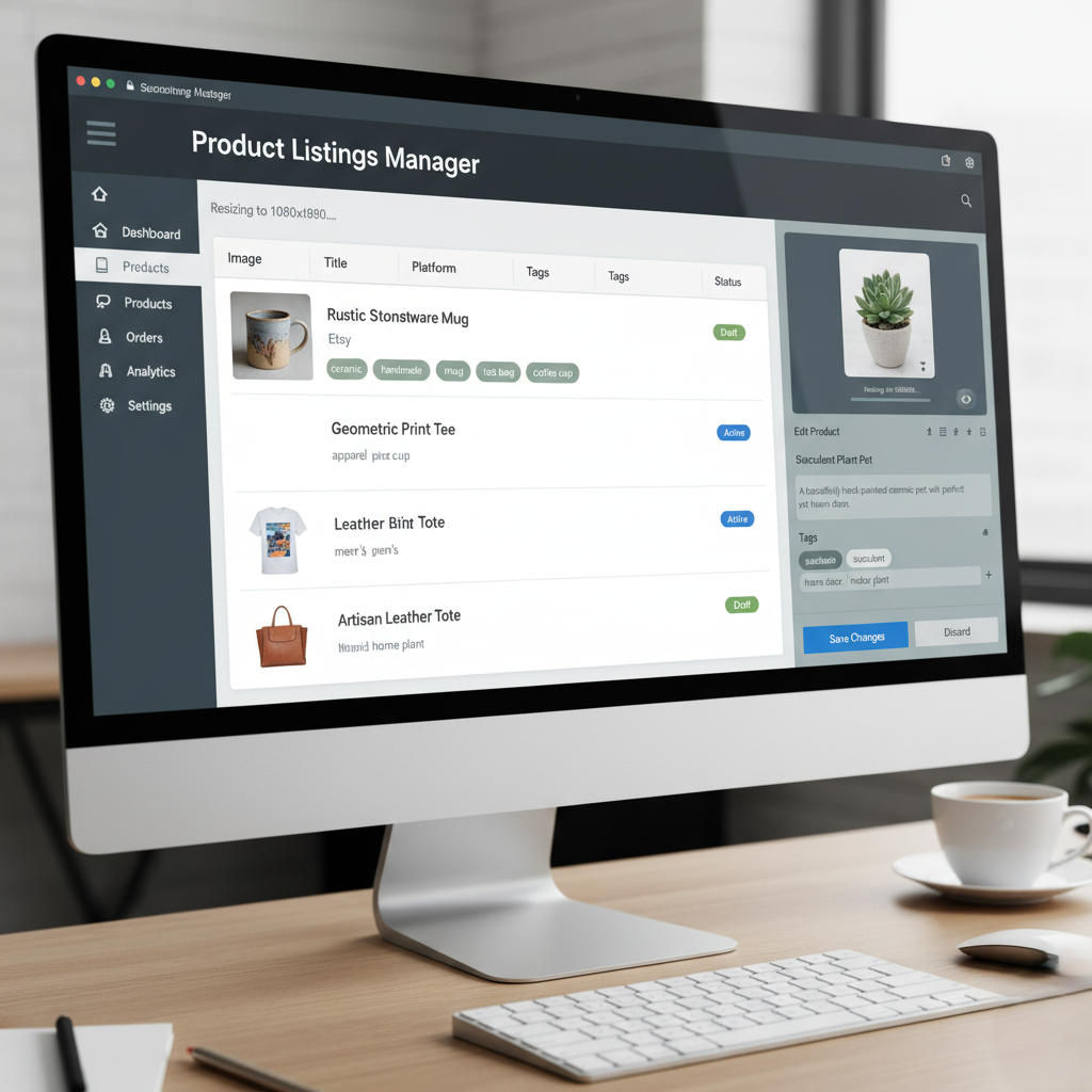 A modern E-commerce dashboard interface on a computer screen. The central panel lists products like a "Rustic Stoneware Mug" and "Leather Bint Tote," along with their tags (Etsy, ceramic, handmade) and 'Draft' or 'Active' status. The right panel is an editing view, highlighting product data management and an image preview being resized to 1080x1080 pixels.