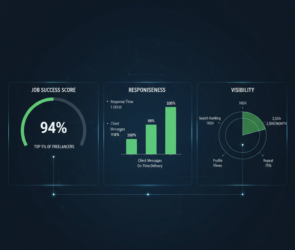 A dashboard-style graphic showing Job Success Score, responsiveness, and visibility metrics

