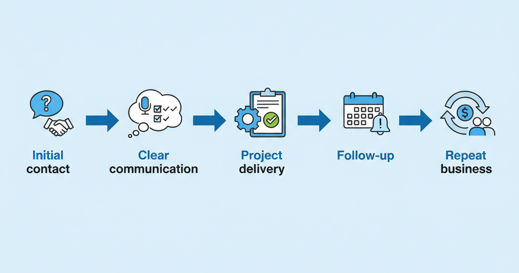 A horizontal timeline or flowchart showing the evolution of a client relationship:



Initial contact → Clear communication → Project delivery → Follow-up → Repeat business