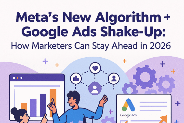 Illustration showing marketers analyzing data charts with a friendly robot in the center. Text at the top reads, “Meta’s New Algorithm + Google Ads Shake-Up: How Marketers Can Stay Ahead in 2026.” The image includes graphics of people discussing bar and line charts, Google Ads logo, gears, and social media connection icons, symbolizing digital marketing and AI integration.