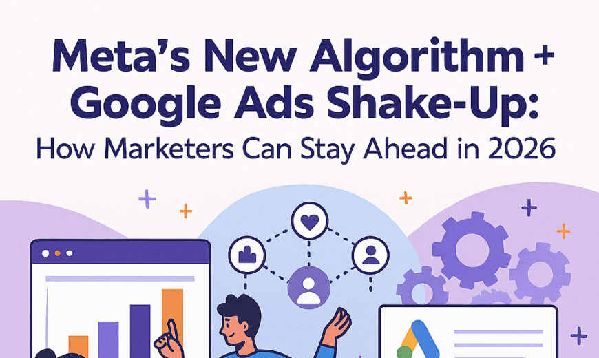 Illustration showing marketers analyzing data charts with a friendly robot in the center. Text at the top reads, “Meta’s New Algorithm + Google Ads Shake-Up: How Marketers Can Stay Ahead in 2026.” The image includes graphics of people discussing bar and line charts, Google Ads logo, gears, and social media connection icons, symbolizing digital marketing and AI integration.