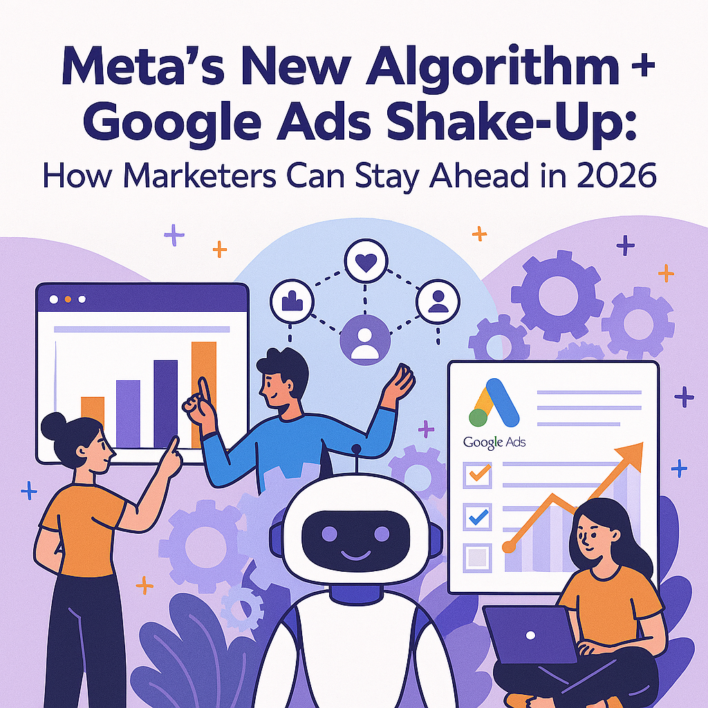 Illustration showing marketers analyzing data charts with a friendly robot in the center. Text at the top reads, “Meta’s New Algorithm + Google Ads Shake-Up: How Marketers Can Stay Ahead in 2026.” The image includes graphics of people discussing bar and line charts, Google Ads logo, gears, and social media connection icons, symbolizing digital marketing and AI integration.