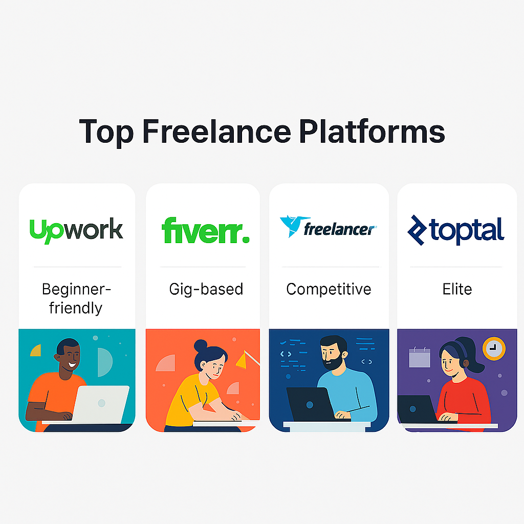 A clean infographic displaying four freelance platforms in a horizontal layout. Each platform is shown with its logo and a short caption: Upwork labeled 'Beginner-friendly,' Fiverr labeled 'Gig-based,' Freelancer.com labeled 'Competitive,' and Toptal labeled 'Elite.' Each logo is placed inside a rounded white box with a thin border, set against a white background. The title 'Top Freelance Platforms' appears above in bold black text