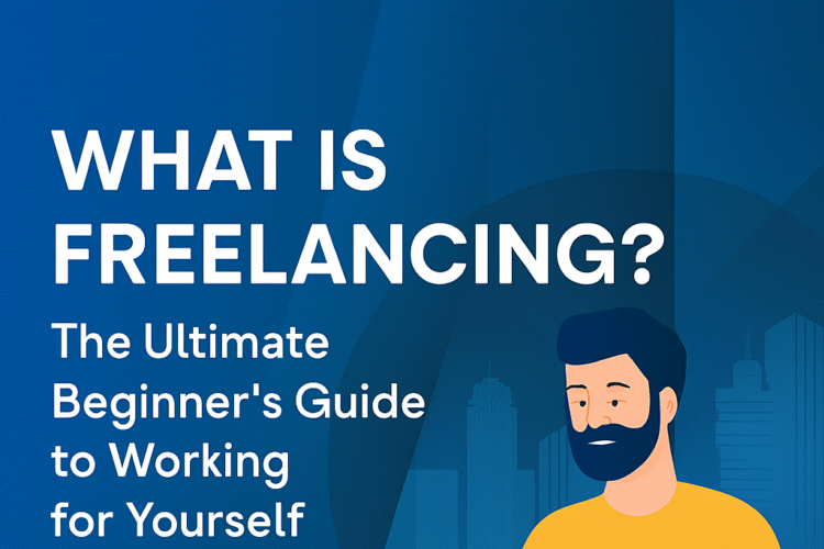 Digital illustration of a bearded man sitting at a desk, working on a laptop. The background features a stylized blue cityscape with abstract shapes. A small potted plant is placed beside the laptop. Text on the image reads: "WHAT IS FREELANCING? The Ultimate Beginner's Guide to Working for Yourself."