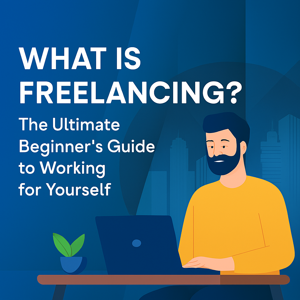 Digital illustration of a bearded man sitting at a desk, working on a laptop. The background features a stylized blue cityscape with abstract shapes. A small potted plant is placed beside the laptop. Text on the image reads: "WHAT IS FREELANCING? The Ultimate Beginner's Guide to Working for Yourself."