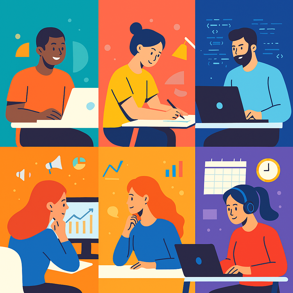 A vibrant collage-style illustration showing five diverse freelancers in separate colorful panels: a writer typing on a laptop, a designer sketching at a desk with a lamp, a developer coding on a laptop with code snippets in the background, a marketer analyzing a line graph on a monitor, and a virtual assistant working on a laptop with a calendar and clock behind her. Each character is depicted in a unique workspace, highlighting the variety of freelance roles

